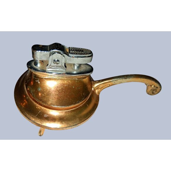 Vintage Brass Tabletop Lighter & Ashtray Set With Handle - Picture 3 of 9